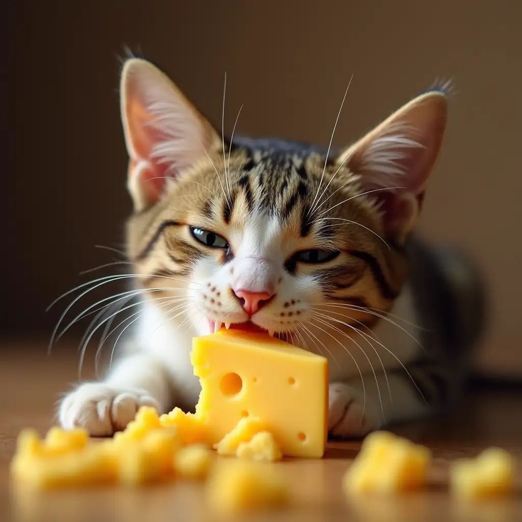 a cat eating a piece of cheese