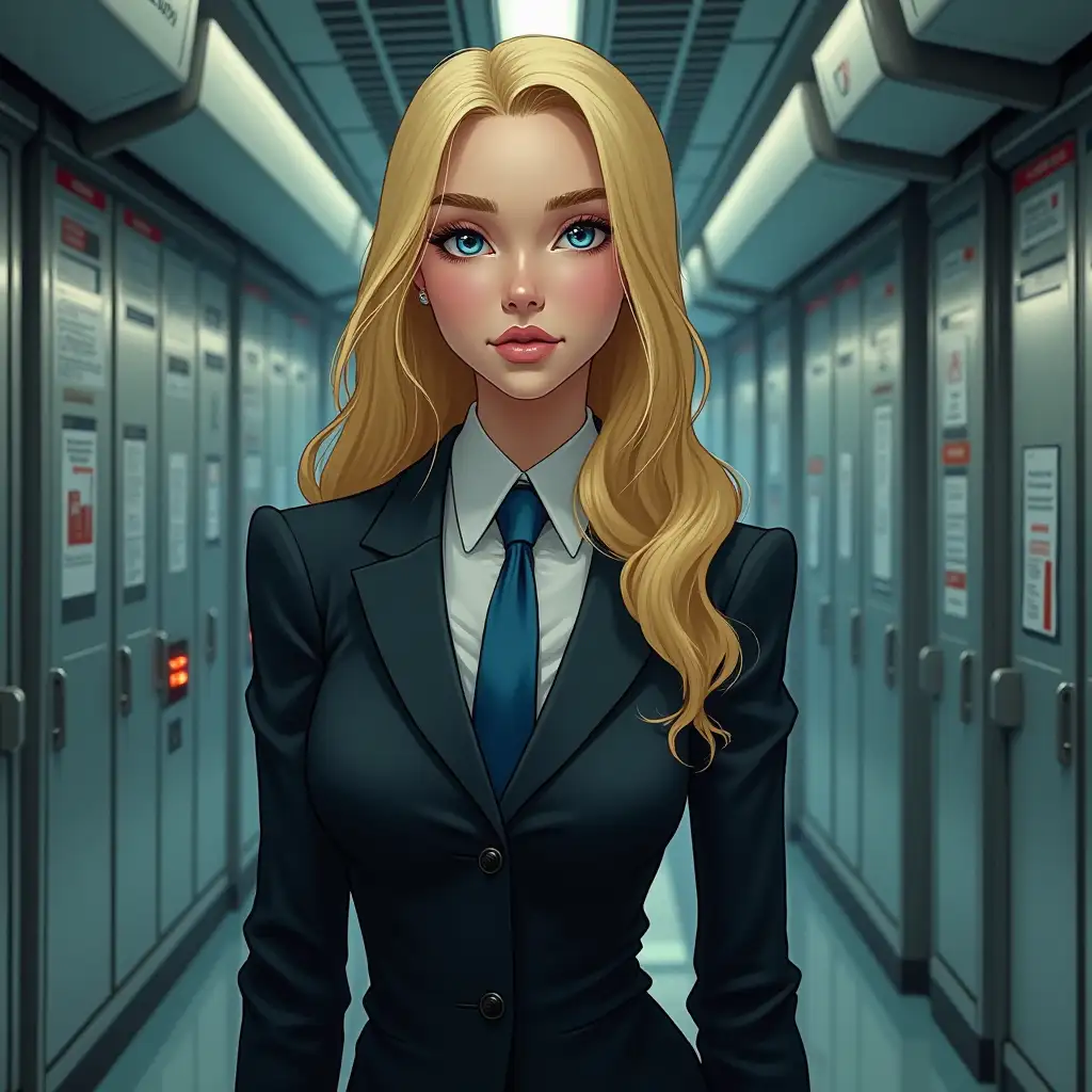 Engineer, atomic station, blonde, blue eyes, curvy nose, long hair, suit