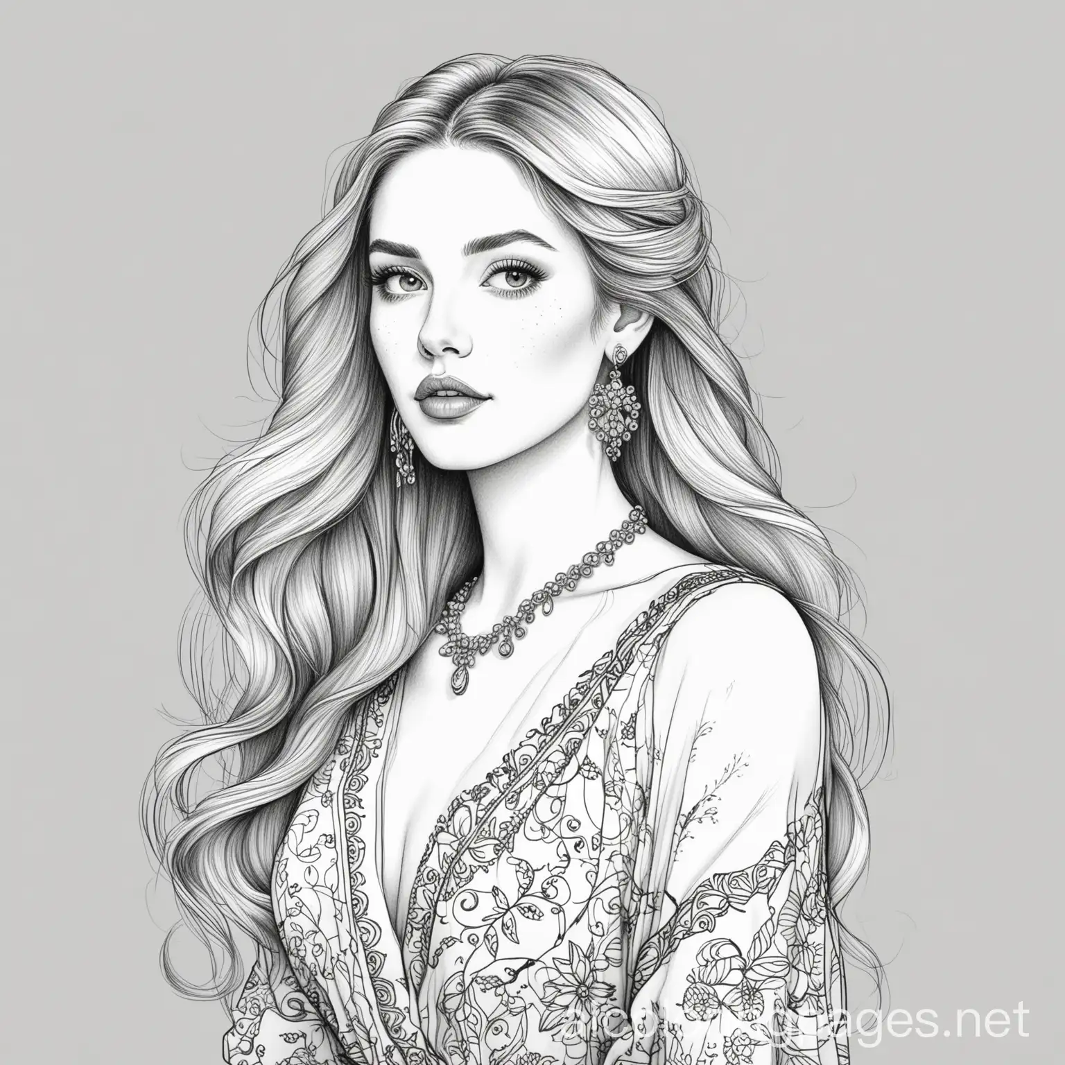 Elegant-White-Lady-with-Long-Hair-in-Printed-Dress-and-Earrings-Coloring-Page