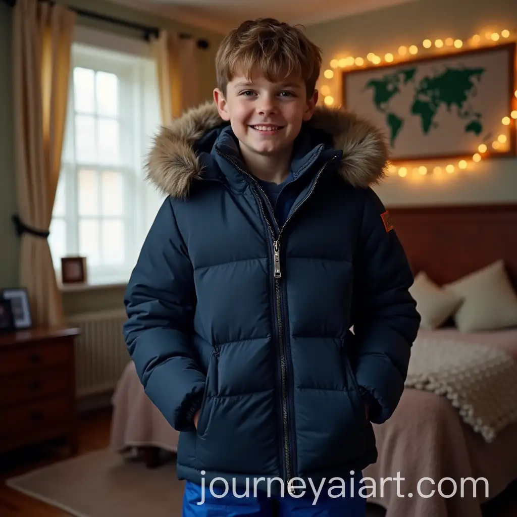 13YearOld-Boy-in-Puffy-Navy-Winter-Coat-with-Plush-Fur-Hood-in-Warm-Bedroom