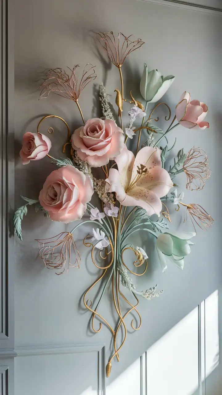 A vibrant and detailed wrought iron floral wall art piece. Depict a bouquet of stylized flowers – roses, lilies, and tulips – with delicate petals and stems crafted from iron. The flowers are painted in soft pastel colors – blush pink, lavender, and mint green – with subtle gold accents. The background is a textured, light grey wall with natural sunlight streaming in from the side. Style: Romantic, floral, pastel, detailed, soft lighting