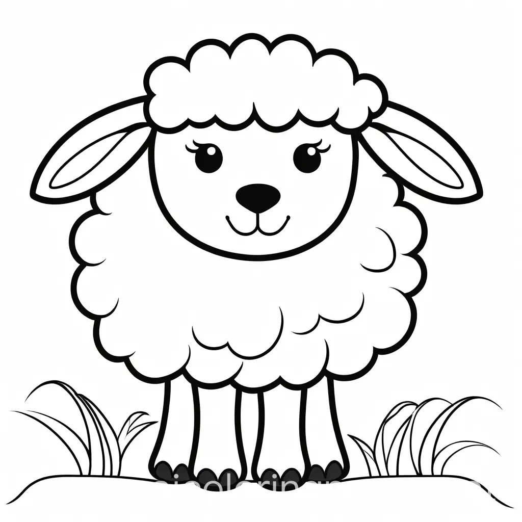 happy sheep, Coloring Page, black and white, line art, white background, Simplicity, Ample White Space. The background of the coloring page is plain white to make it easy for young children to color within the lines. The outlines of all the subjects are easy to distinguish, making it simple for kids to color without too much difficulty