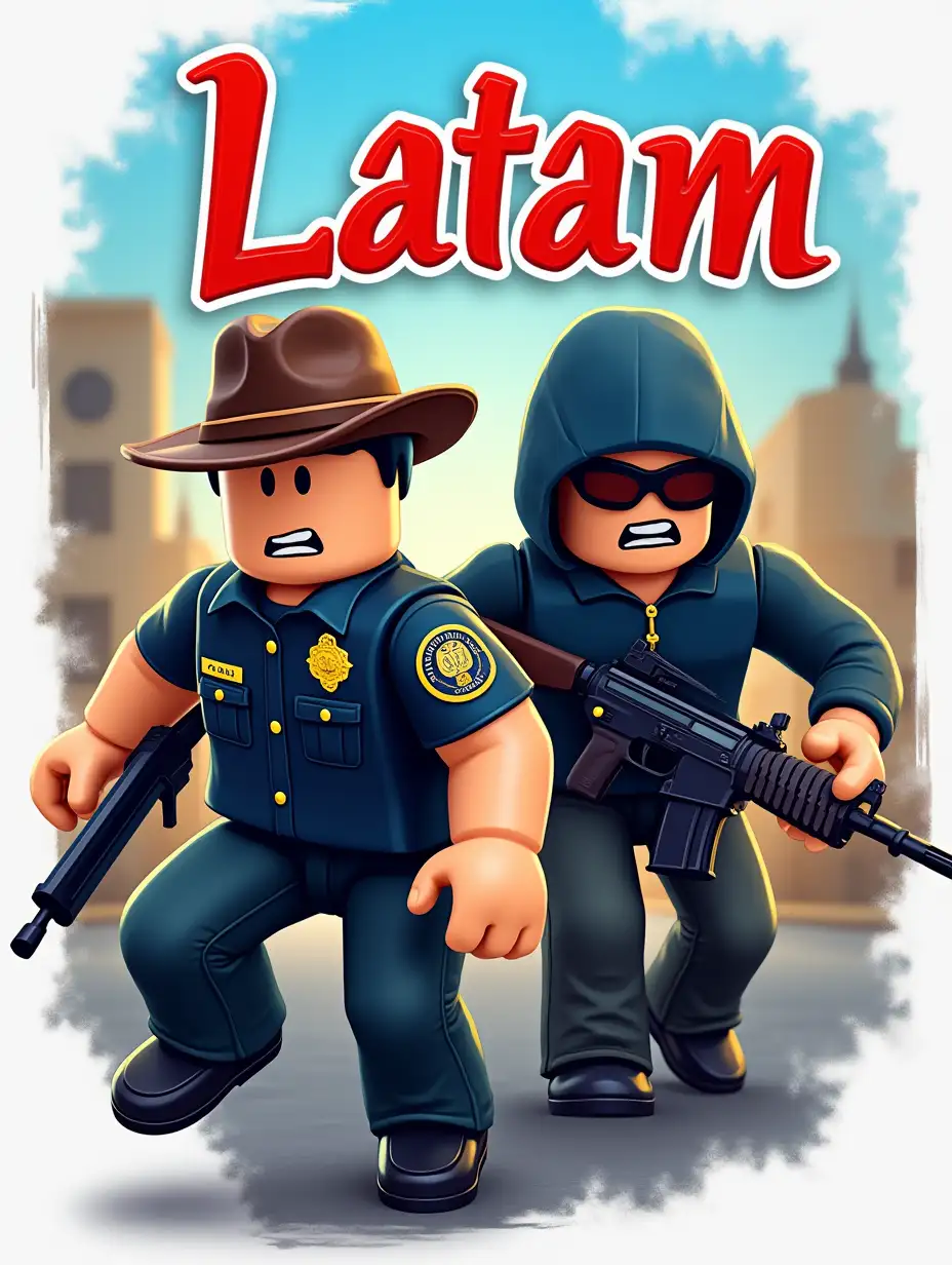 create a logo for a Roblox game about Latin America, with the title 'Latam simulator' on top and an R6 police chasing an R15 robber.