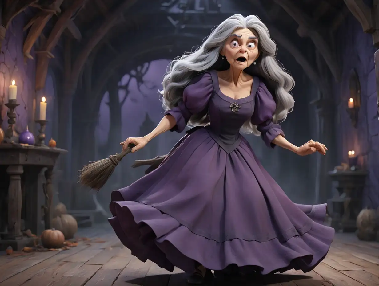 Wide-angle view of an old witch with long gray hair wearing a purple dress, in an eerie atmosphere., 3d disney inspire