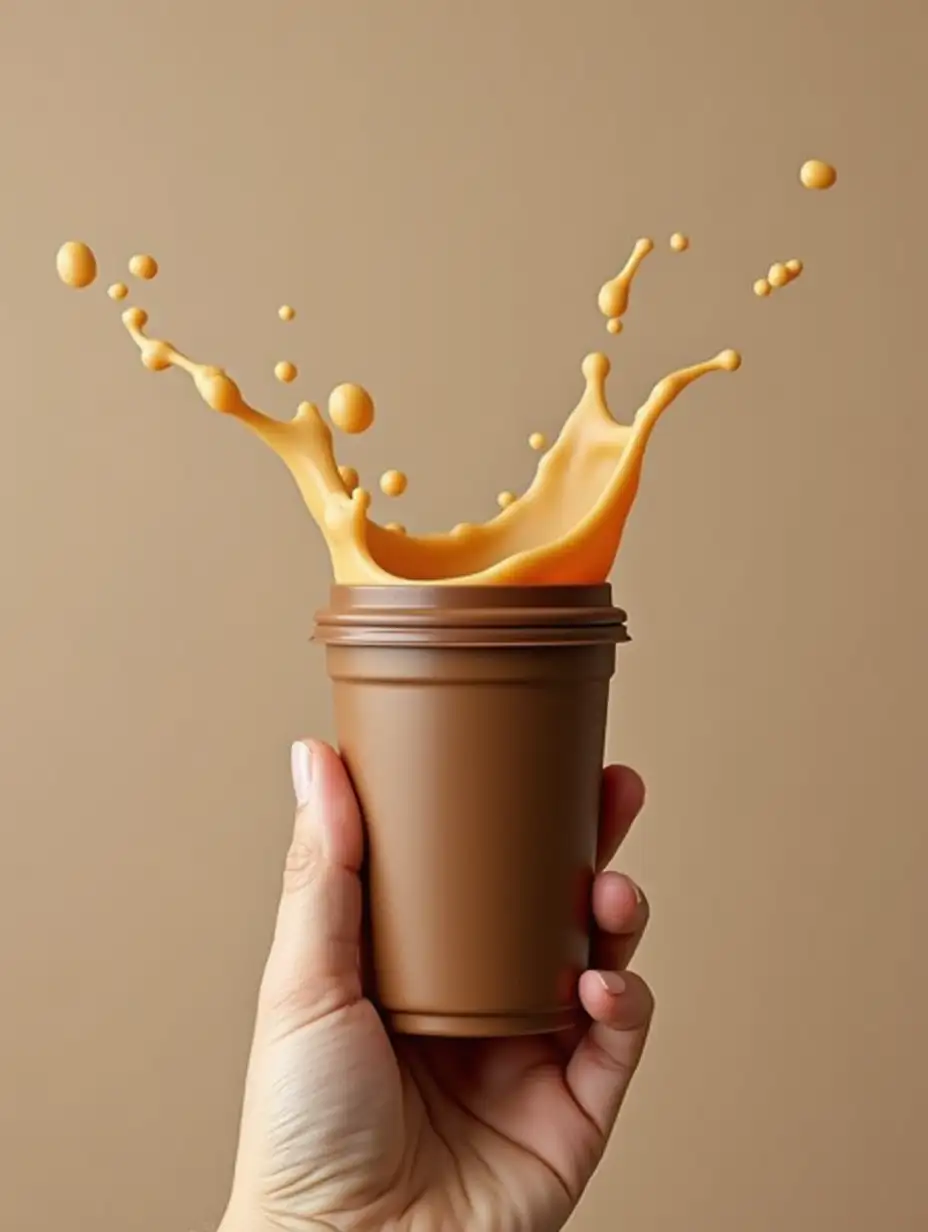 a plastic coffee cup on hand with no background and a splashing coffee on it