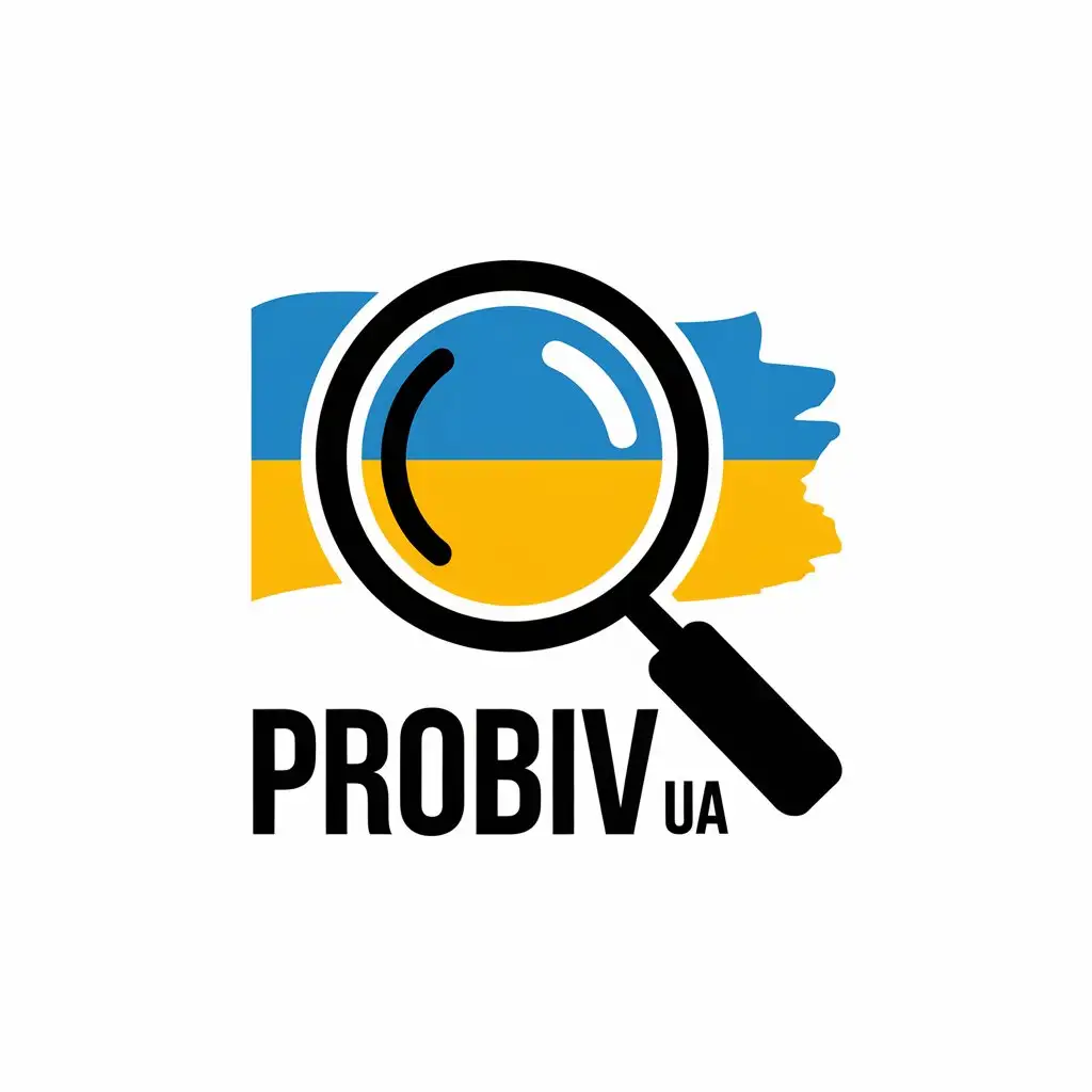 a vector logo design,with the text "Probiv UA", main symbol:Magnifying glass. Flag of Ukraine,Moderate,be used in Technology industry,clear background