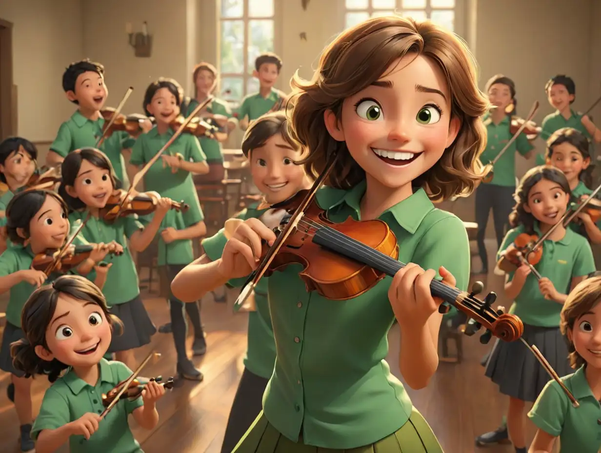 a wide-angle view of a girl in a green shirt with a bright smile, happily playing the violin, surrounded by several other children also playing the violin, 3d disney inspire