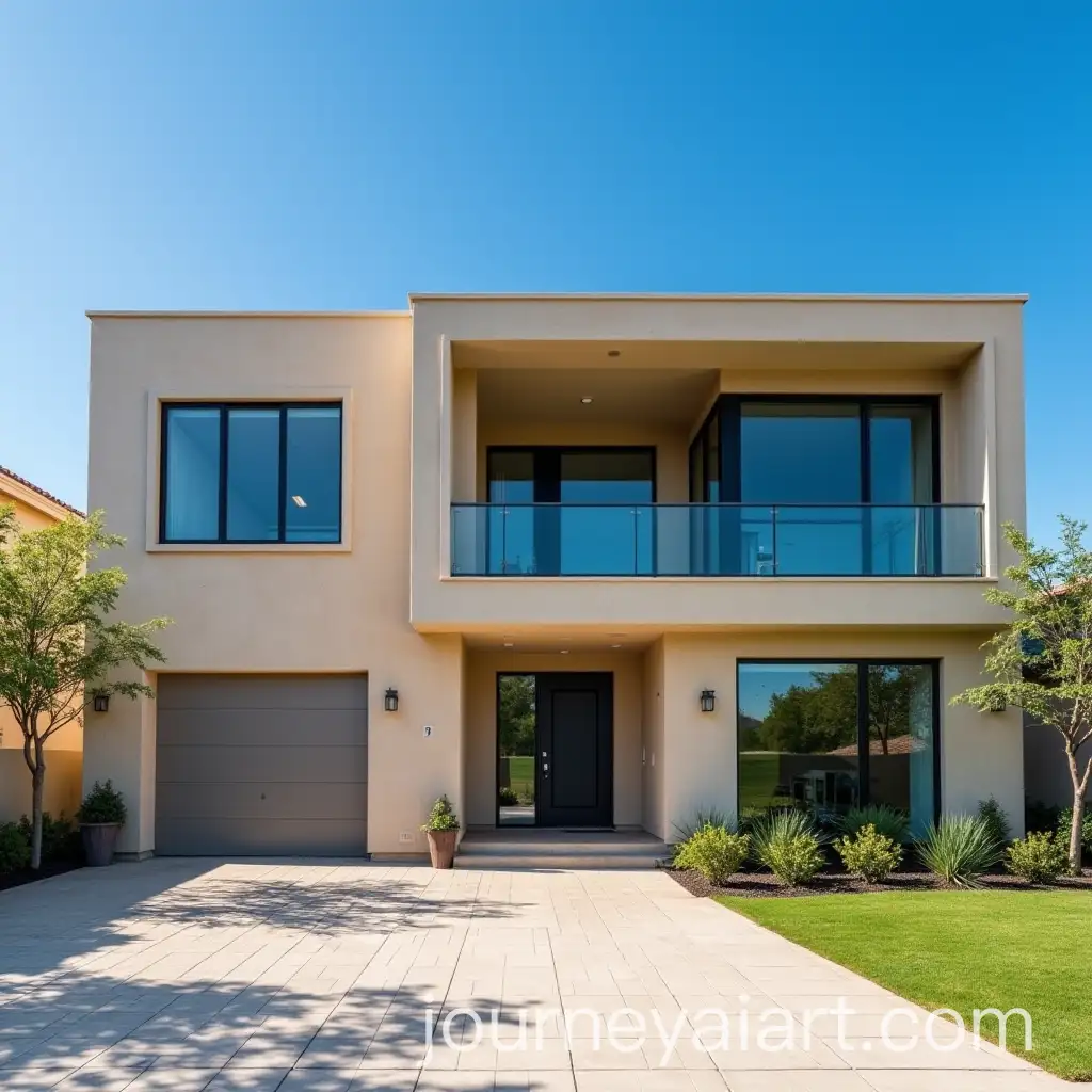 Modern-TwoAI-Image-Prompt-ExpansionStory-Villa-with-Beige-Travertine-Exterior-and-DarkFramed-Glass-Windows