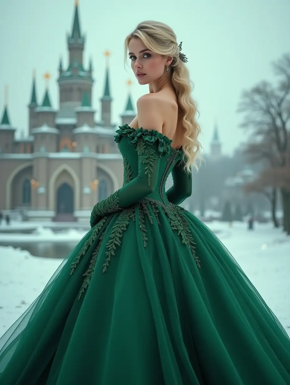 Elegant-Victorian-Woman-in-Emerald-Green-Dress-in-a-Magical-Icy-City