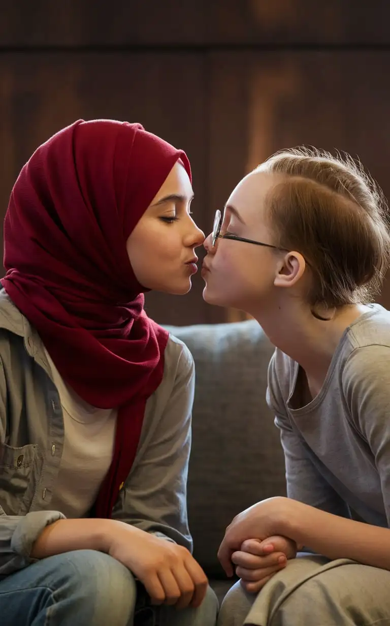 2 most beautiful teenage girls. 18 years old. She wears a red hijab, shirt, She is beautiful. They sit on the sofa. petite, Elegant, pretty, soft eyes, bony face, top view, glasses. Kiss close up,