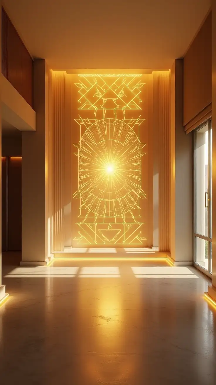 A serene, softly lit modern home interior with glowing golden geometric patterns subtly overlaying the space, symbolising harmony and sacred energy. A feeling of calm, mystery, and sacred balance.