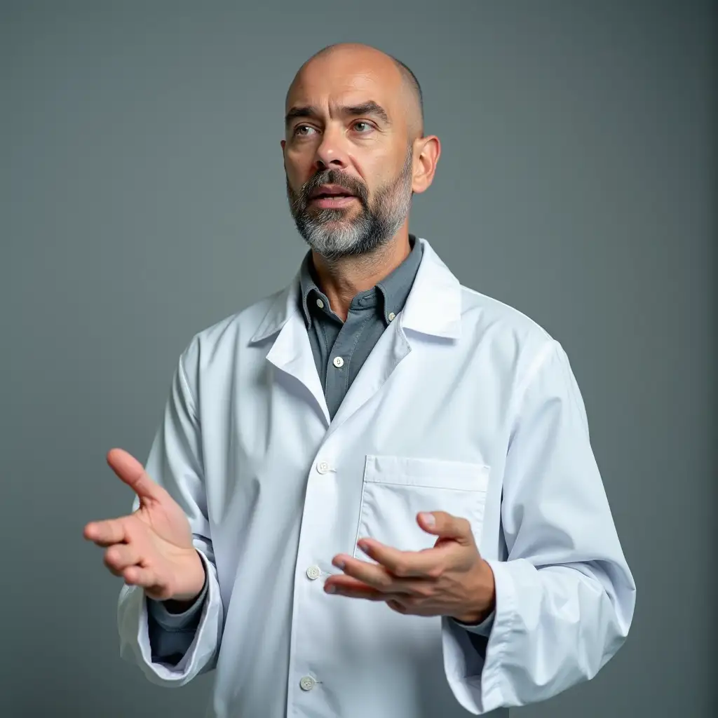 A Caucasian man, around 30 years old, bald, wearing this white lab coat, sharing knowledge, serious attitude, with body movements, panorama