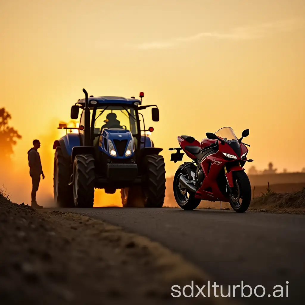 Tractor-and-Motorcycle-Confrontation-in-Golden-Countryside