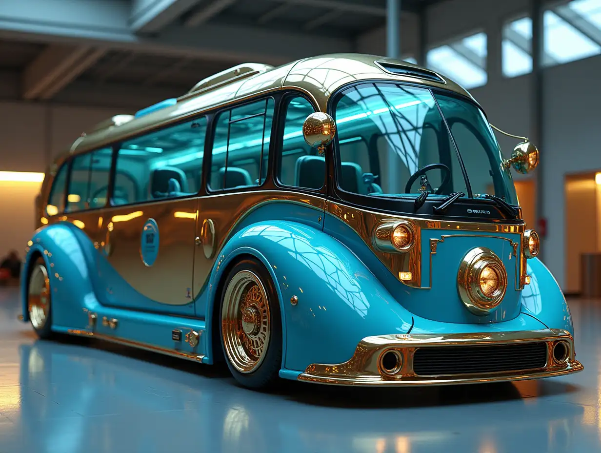 Supermoderne utopische Sportarten Omnibus with Gold and Black Light Blue color with round Ornaments,lowered Body, 18-inch Rims, Aluminum Wheels, Cream Blue Gold, Cyberpunk.