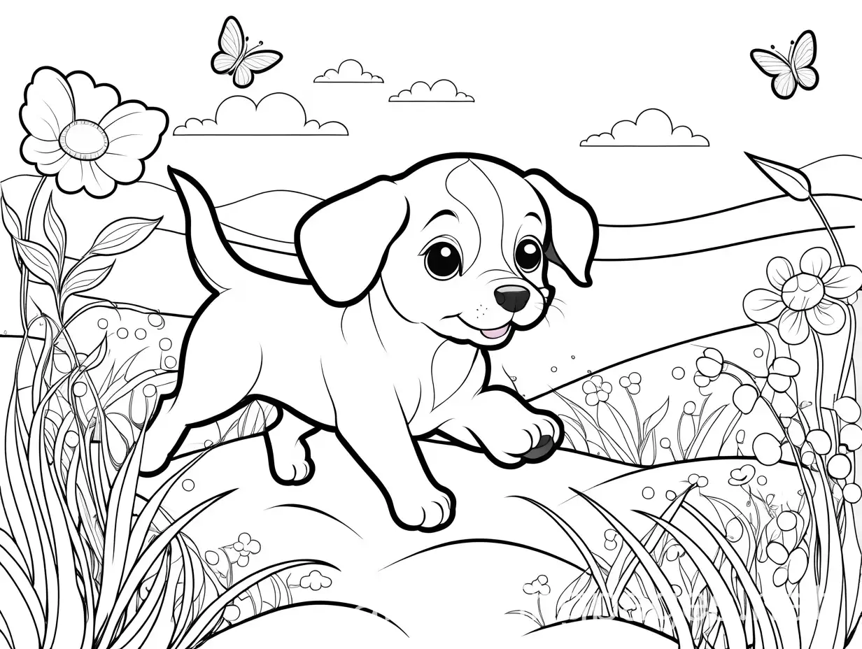 Cartoon Puppy-Chasing-Butterflies-in-Serene-Meadow-Coloring-Page, Coloring Page, black and white, line art, white background, Simplicity, Ample White Space. The background of the coloring page is plain white to make it easy for young children to color within the lines. The outlines of all the subjects are easy to distinguish, making it simple for kids to color without too much difficulty