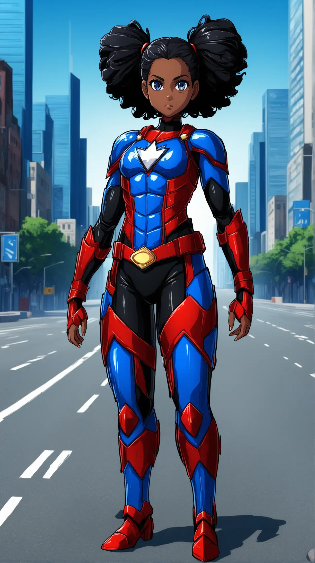 Superhero Woman in Red Black and Blue Suit on City Roadway