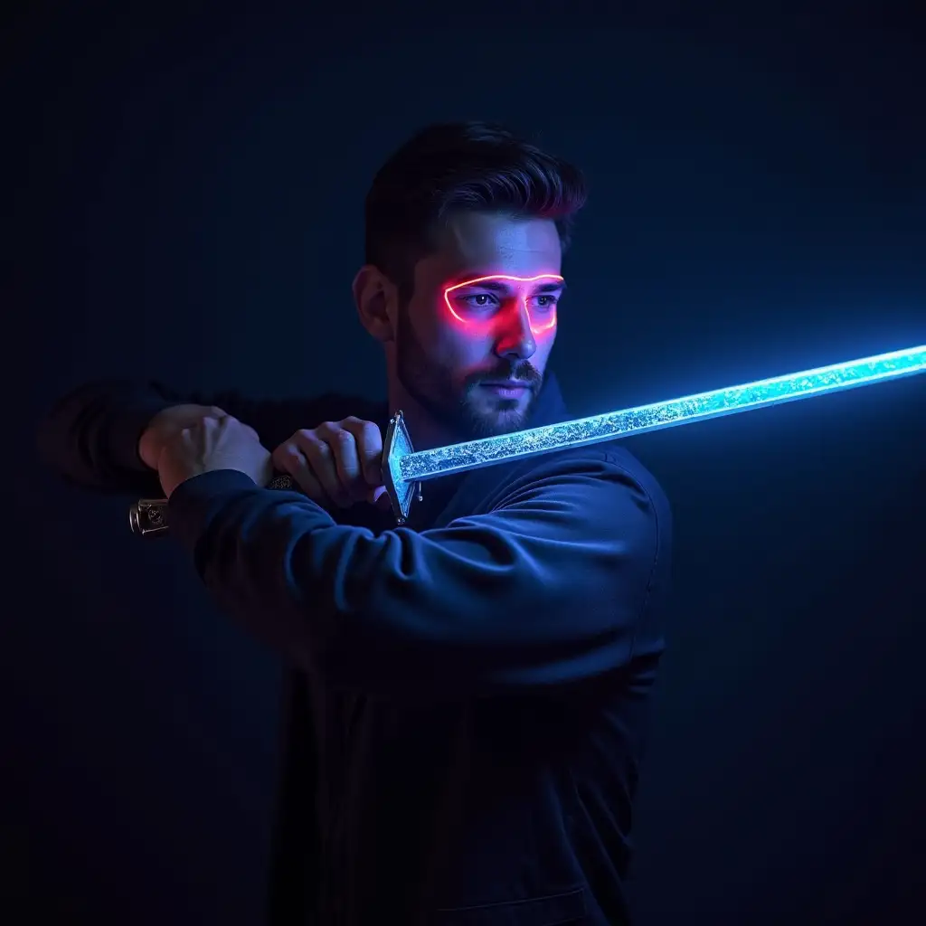 A man making a shining sword with neon lights in he's eyes.