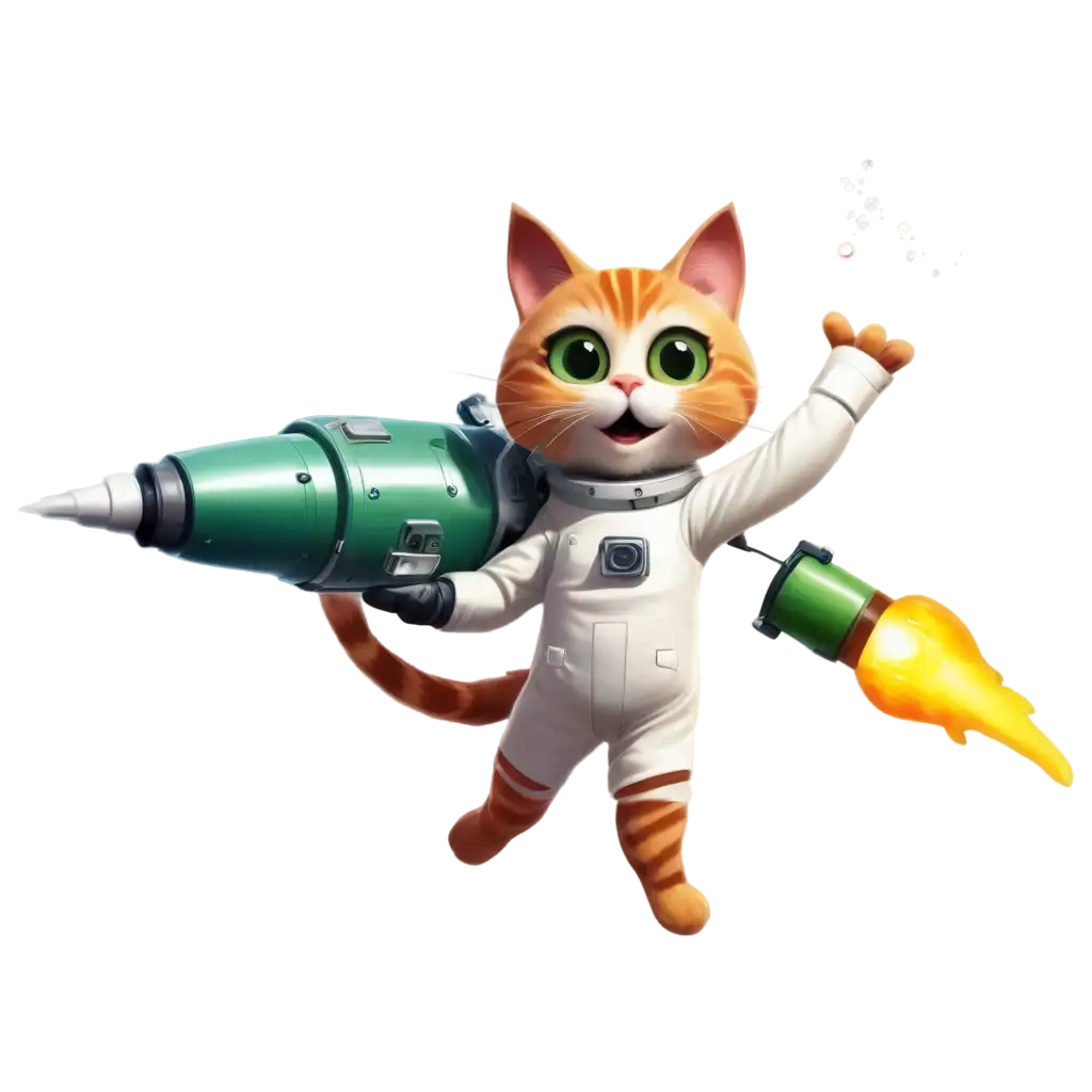 PNG-Cartoon-Astronaut-Cat-Flying-with-Huge-Green-Plasma-Rocket-Creative-AI-Image