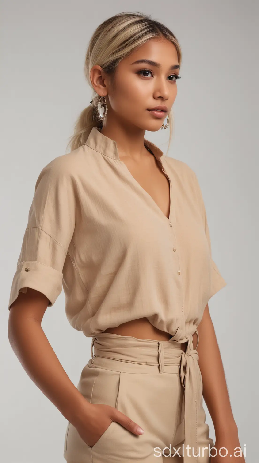 a young American-Indian model with blonde hair, posing confidently in a chic and modern outfit. The studio should have professional lighting, seamless white background, and a clean, minimalist aesthetic. Capture Zoey in different angles, from a complete side profile to a full 360-degree view, rotating her position around the camera. Ensure each shot captures details like the soft fabric of her outfit, her elegant posture, and her stylish makeup. The outfit should reflect a blend of high fashion and contemporary style, with Zoey's personality shining through each angle.