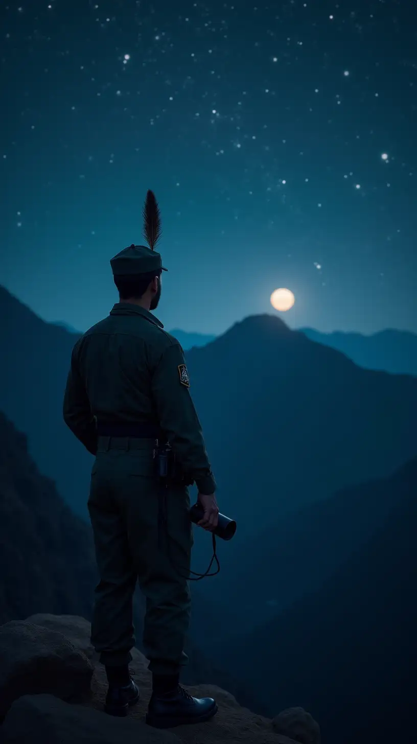 Soldier on Night Guard Duty in a Mountainous Landscape