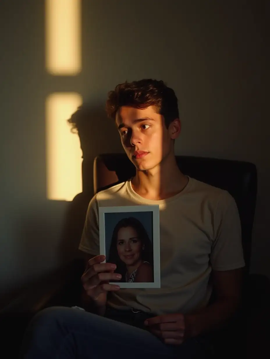 A young man, around 25 years old, sits alone in a quiet room, his eyes filled with longing. He’s holding a picture of his mother, a woman with a gentle smile and kind eyes. The soft glow of evening sunlight spills through the window, casting shadows that seem to mirror his emotions. His expression is a mix of sadness and deep affection, as memories of childhood moments with his mother flood his mind. The room feels empty without her presence, and he yearns for the comfort of her embrace, the warmth of her voice, and the sense of home she always brought.