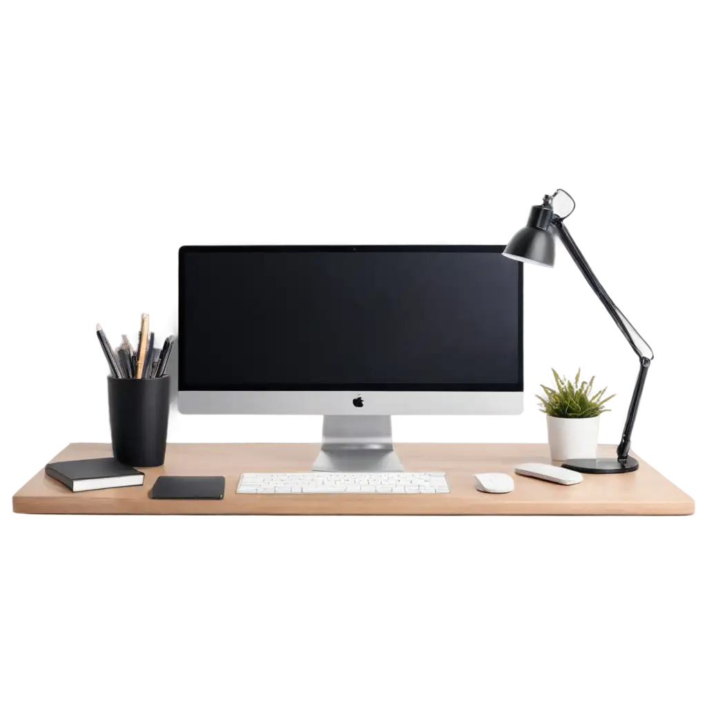 PNG-Image-of-a-Desk-with-Computer-Setup-Office-Supplies-and-BlackRimmed-Glasses-for-Professional-Use