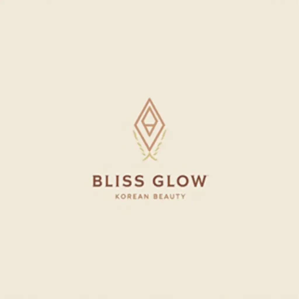 I want a minimalist and elegant logo for my brand, Bliss Glow Korean Beauty. The name should be centered with a clean and sophisticated symbol, such as a geometric shape, abstract line art, or a glowing effect to emphasize simplicity and luxury. The colors should be soft pastel tones and earthy shades, creating a natural yet refined look. The font should be modern and elegant, highlighting professionalism and beauty