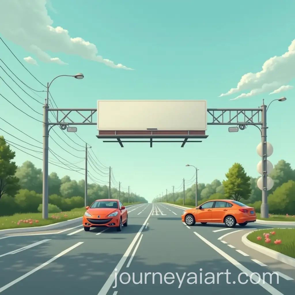 Orange-Car-Turning-at-Crossroads-with-Billboard-Above-the-Road
