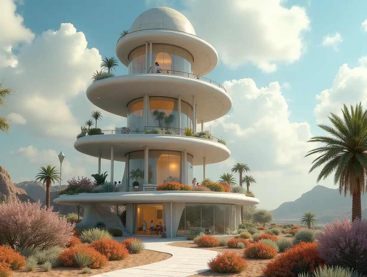 Create a high-resolution, realistic panorama image of a spiral staircase tower building made of glass with a UFO house with bridge, one and one  with people, many plants and colorful flowers white and brown facades in the desert oasis, big trees, very cloudy sky