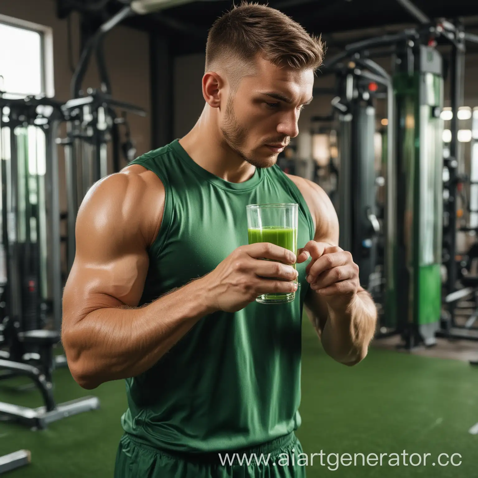 Sportswoman-Drinking-Green-Vitgrass-Juice-in-Gym