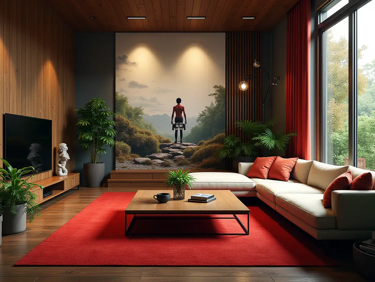 Large modern living room with red, carpet statue, lighting with furniture many hanging plants plants with Attack on Titan image on the wall Zen-Garden with carefully tended rocks, a meditative 180 Degree shots 8K resolution Colorful