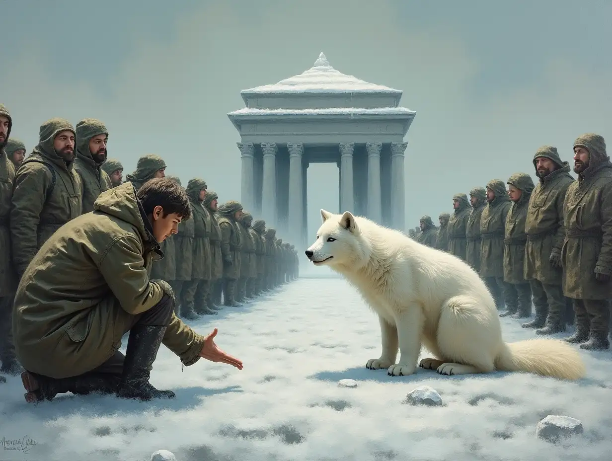 Temple. A crowd of people in camouflage knelt before a plump white polar fox. Oil painting.