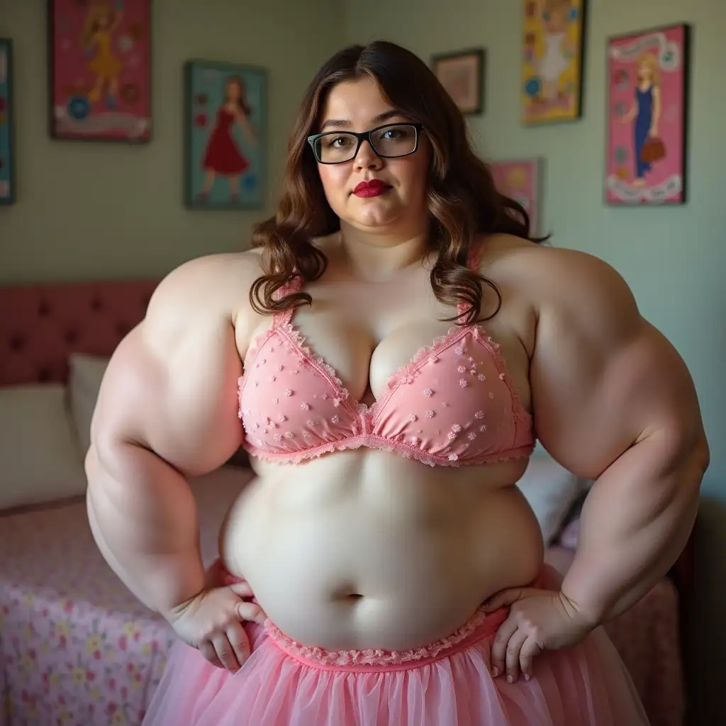 Muscular-Bodybuilder-Girl-in-Pink-Fluffy-Dress-Flexing-Biceps-in-BarbieThemed-Bedroom