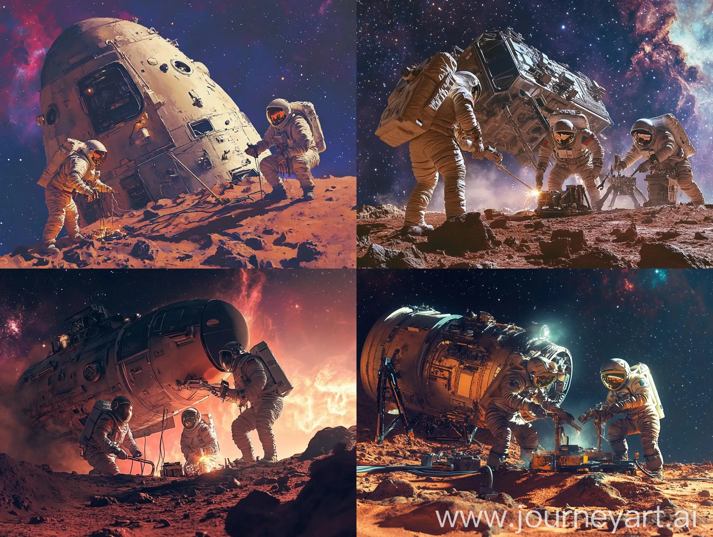 Astronauts-Building-Spaceship-on-Red-Planet-with-Nebula-Sky