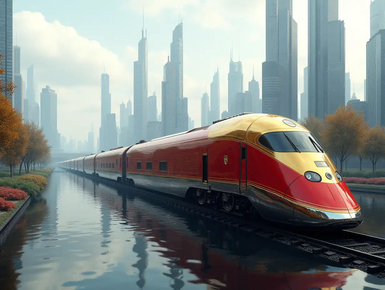 Create a high-resolution realistic image in 4k resolution: a futuristic locomotive that is red and gold with silver on tracks and in the city with trees a lake with futuristic tall buildings and a cloudy sky