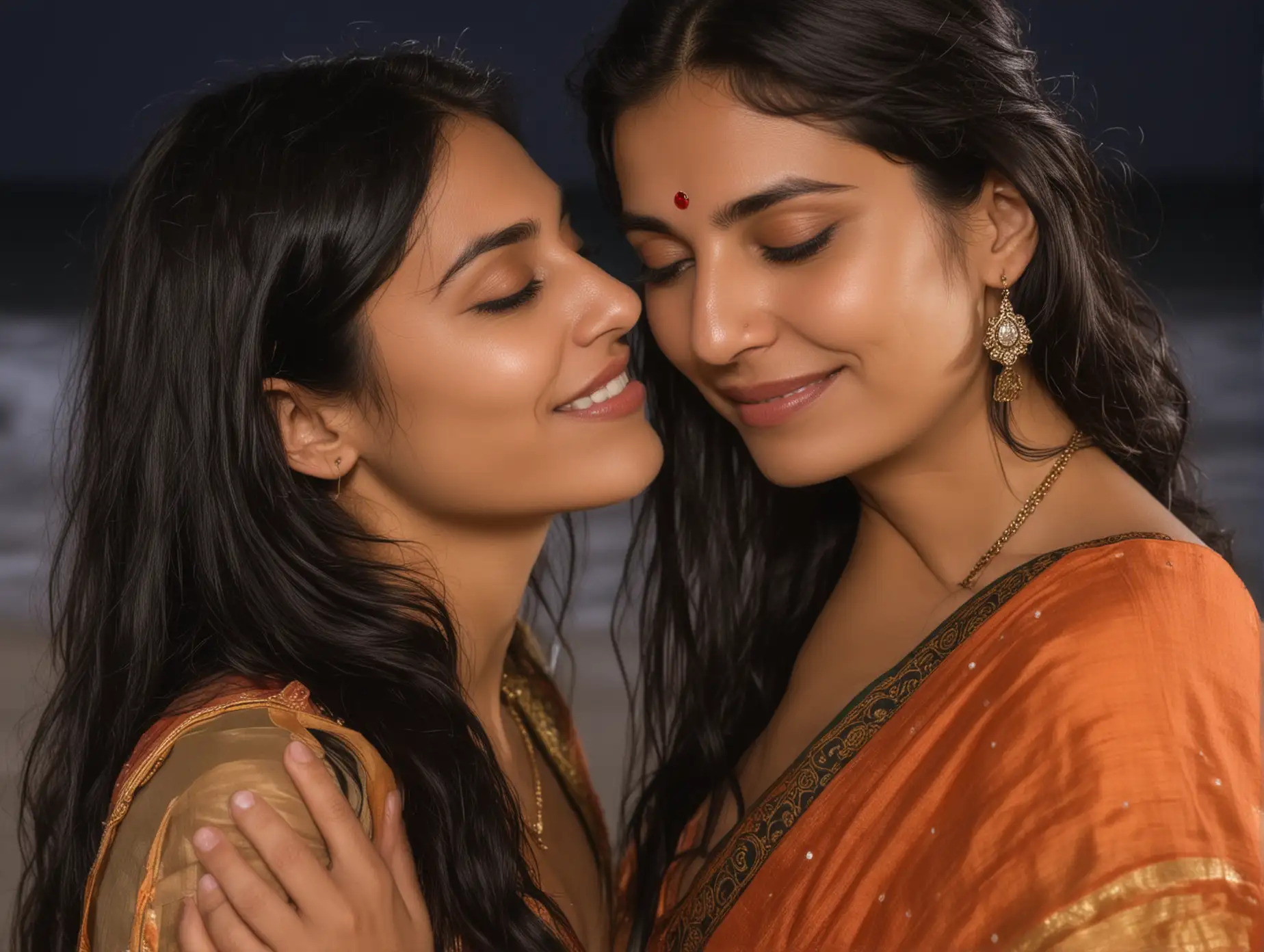 Lesbian couple honeymoon, wearing saree, black long haired, beach location, holding each other, closeup shot, night