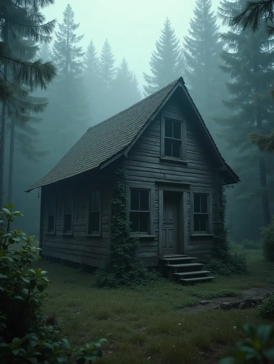 A weathered and decrepit cabin stands isolated in a dense, misty forest. The windows are dark, and the wooden walls are cracked, with vines creeping up the sides. The scene is eerie and foreboding, with an unsettling silence in the air.