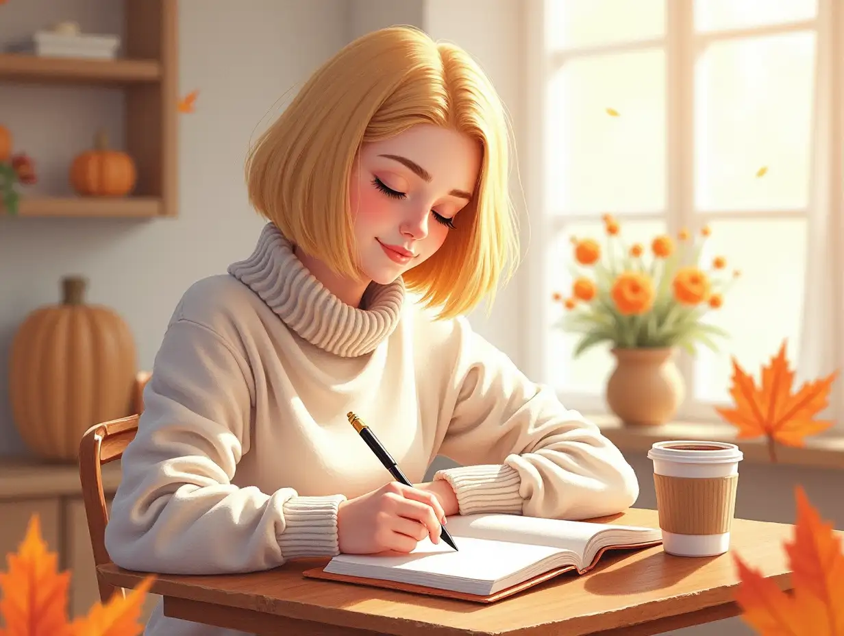 Watercolor painting of a young blonde woman with a bob haircut, writing in a notebook, wearing a cozy light sweater, surrounded by autumn elements like leaves and a warm cup of coffee. Soft light filters through a window, creating a serene atmosphere. In the background, a wooden table and fall decorations are subtly blurred. The artwork should feature watercolor strokes, a warm color palette, soft lighting and shadows, detailed textures, autumnal tones, fine lines, high-definition quality, and a natural look.