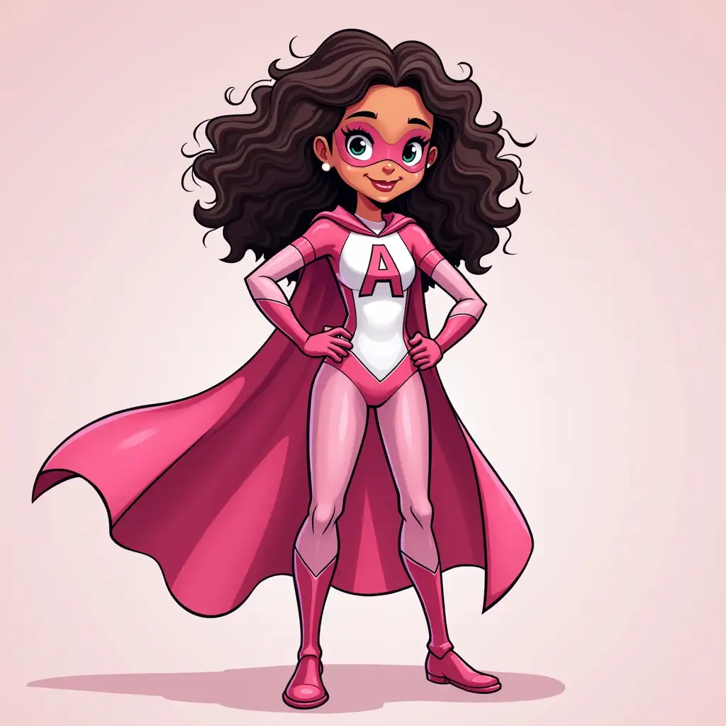 10 year old female light skin superhero with curly hair with pink and white uniform full body with the letter A comic book style