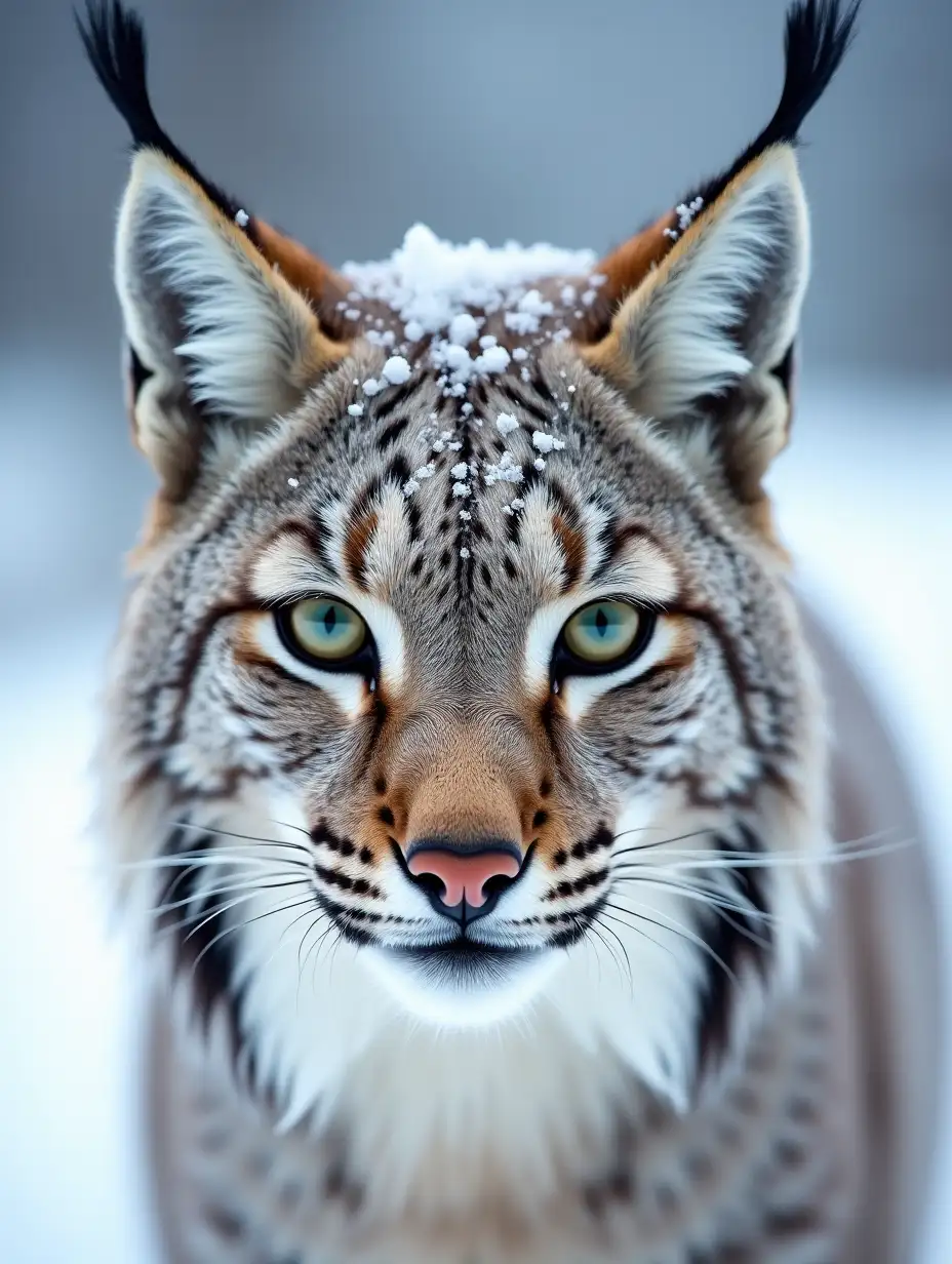 On a blurry background in close-up, a lynx named greyling is depicted covered in snow. The fur of the lynx is a mix of gray and white, and the fur is slightly dusted with a layer of snow giving the scene warmth. The eyes of the lynx are intensely green, nose is dark brown while the whiskers are lighter gray. The background is softly grey and blurred creating sharp contrast with the face.