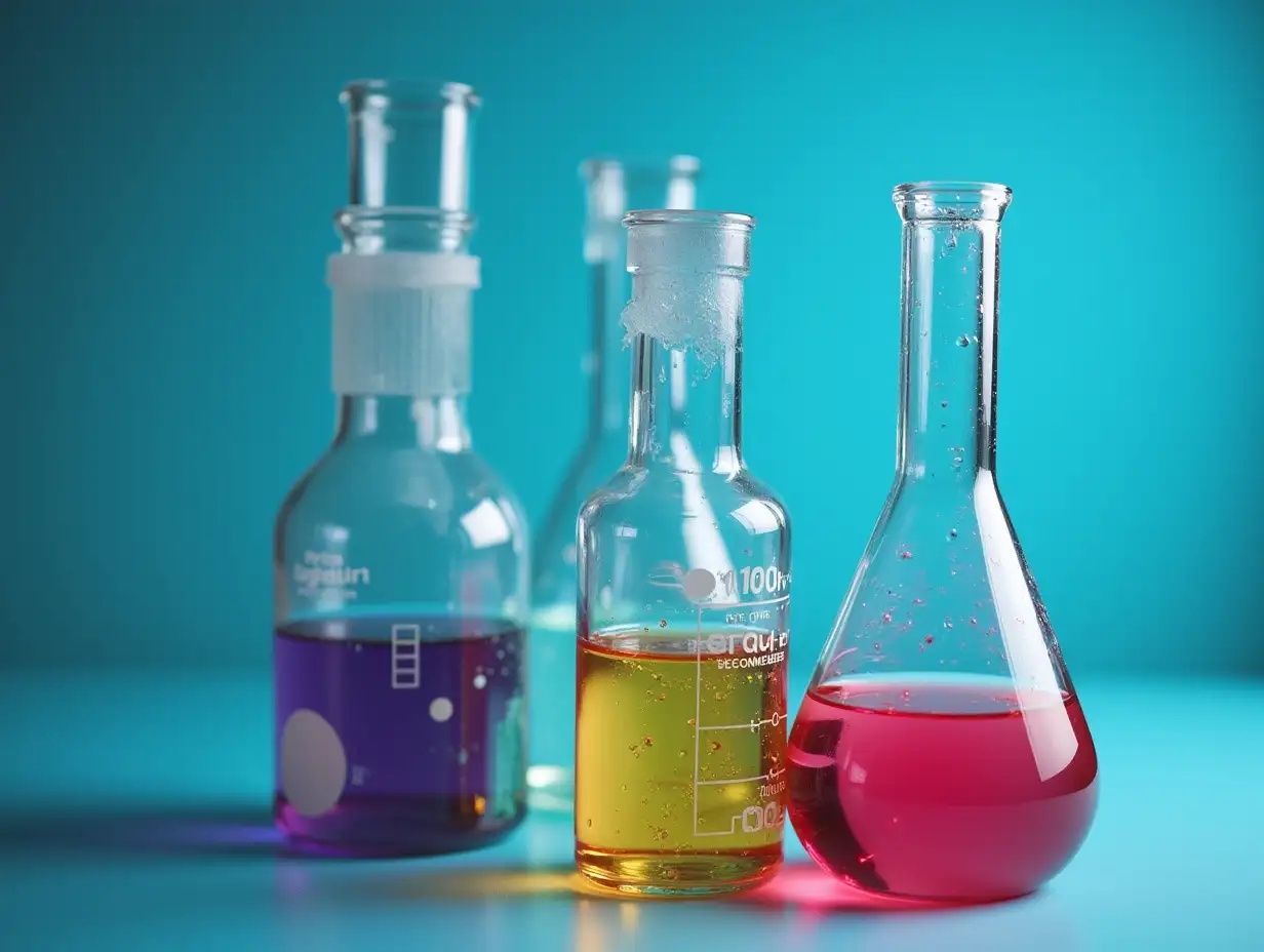 chemical reaction bottles in lab