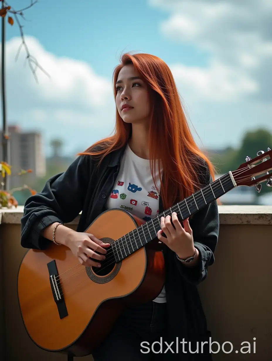 Indonesian-Guitarist-Mother-Serene-Balcony-Performance-Amidst-Falling-Leaves