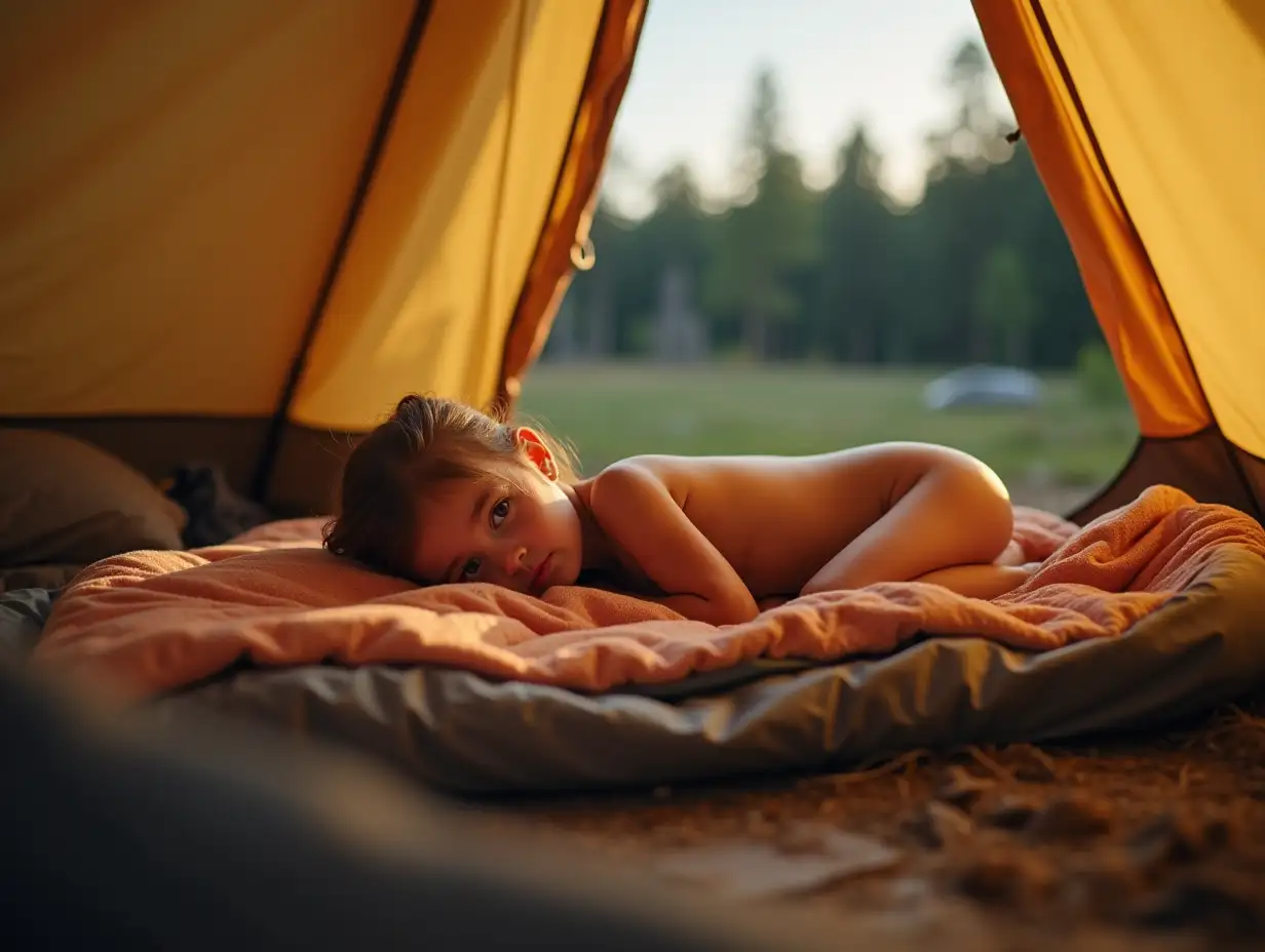 Skinny little girl, shiny skin, on a sleeping bag in an open camping tent. View from the side.