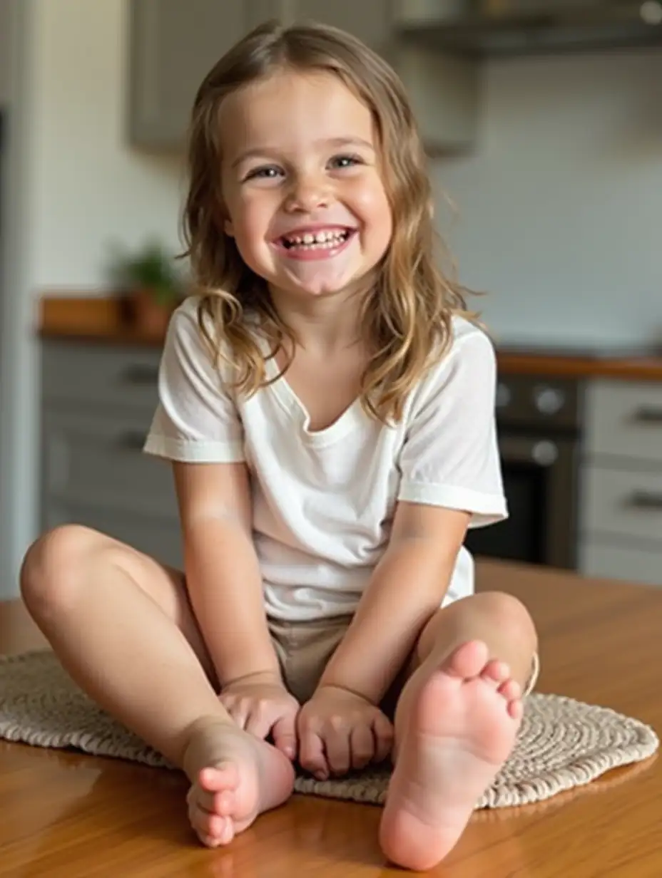 Little-Girl-Grinning-While-Sitting-on-Kitchen-Table