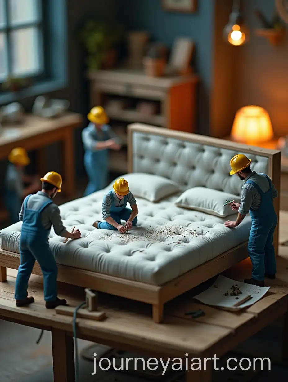 Miniature-Furniture-Carpenters-Crafting-a-Giant-Tufted-Bed-in-a-Cinematic-Factory-Scene