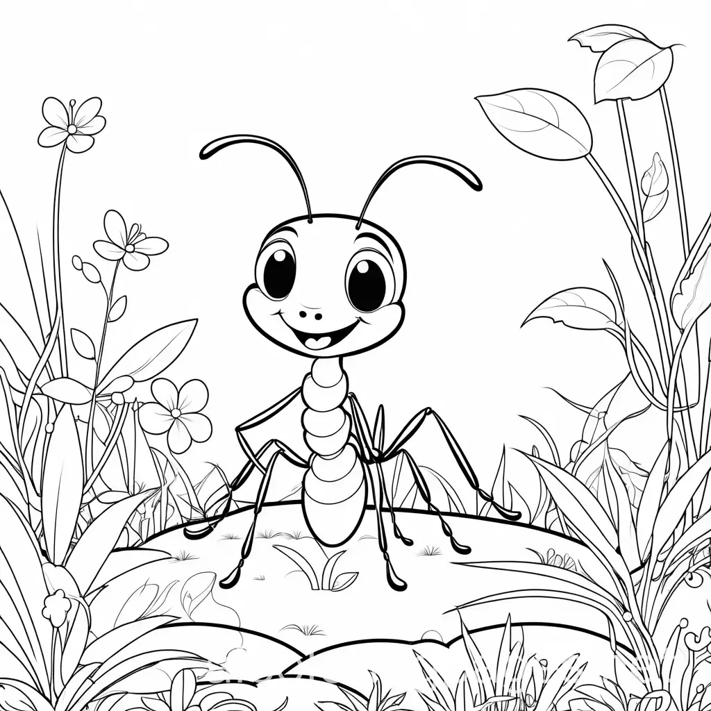 Happy-Ant-Playing-in-Garden-Coloring-Page-for-Kids