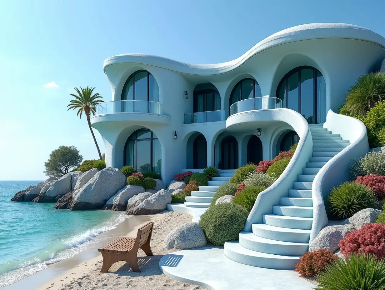 Crooked house with side line to the beach  Planting-with blue stucco in the form of plant decoration, large windows with glass closed, curved, smooth window shapes, winding big entrance staircase from marble complex, curved roof with dike, lanterns, bench on the beach with  lending view to the sea 4K resolution colorful wide-angle shots