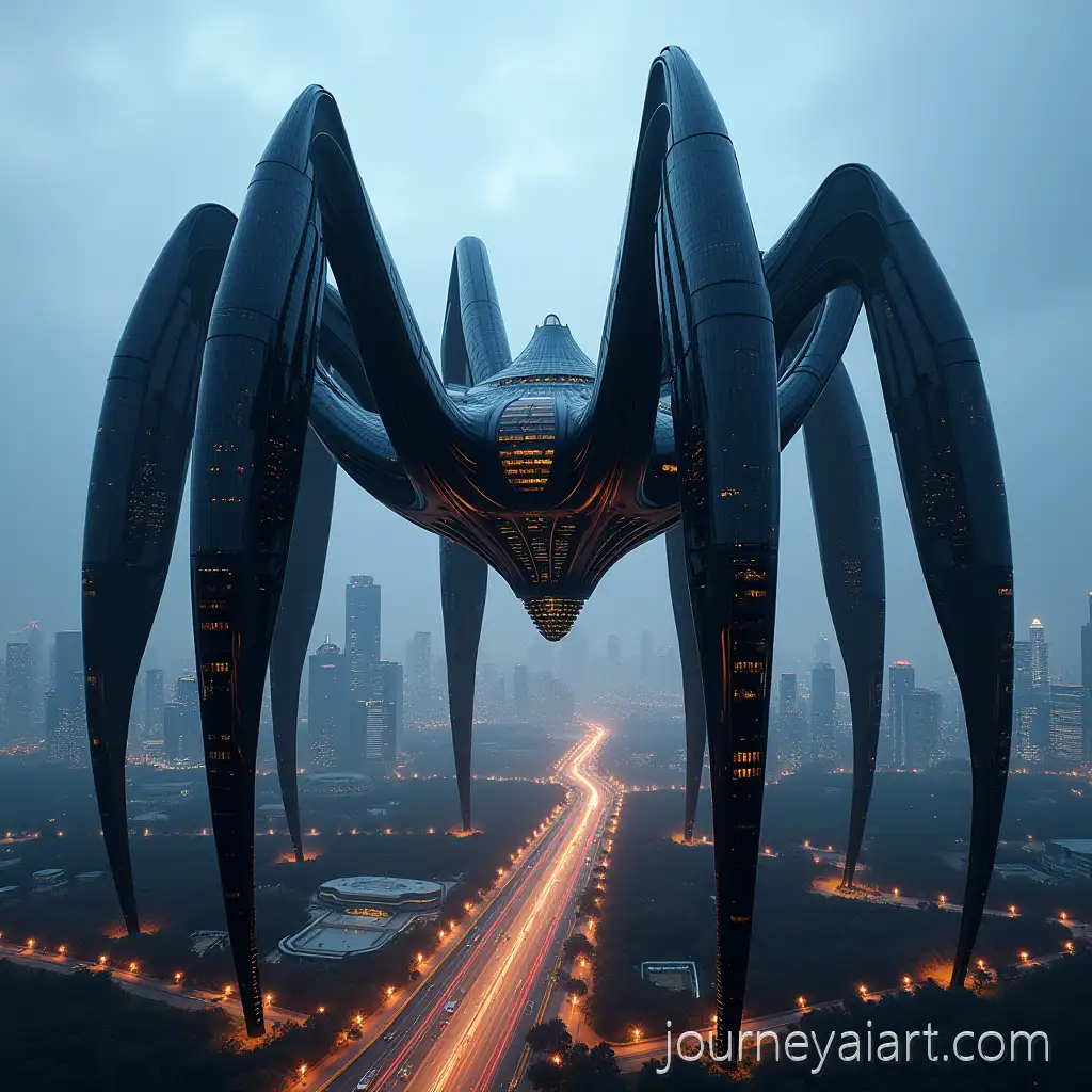 Futuristic-SpiderInspired-Skyscraper-Complex-in-a-Modern-City-at-Dusk