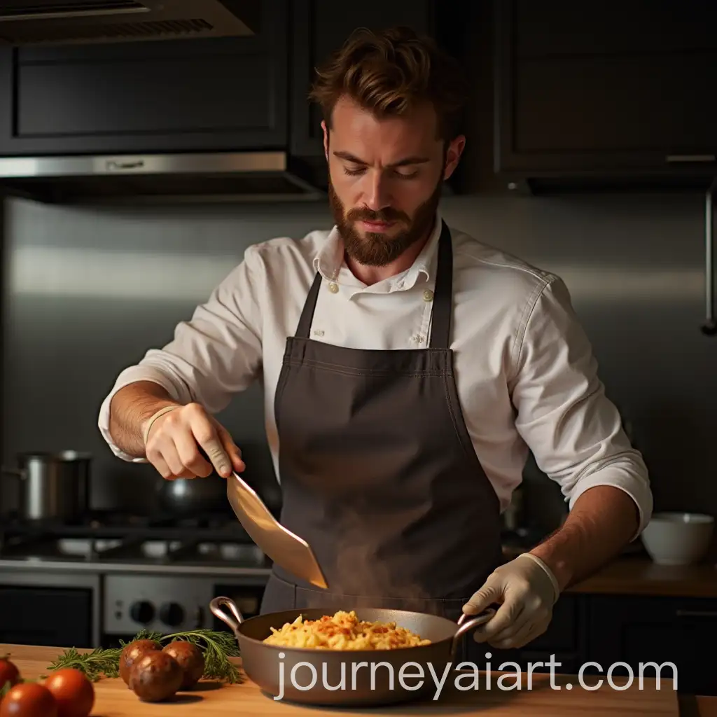 Young-Man-Cooking-in-Apron-in-Cozy-Kitchen