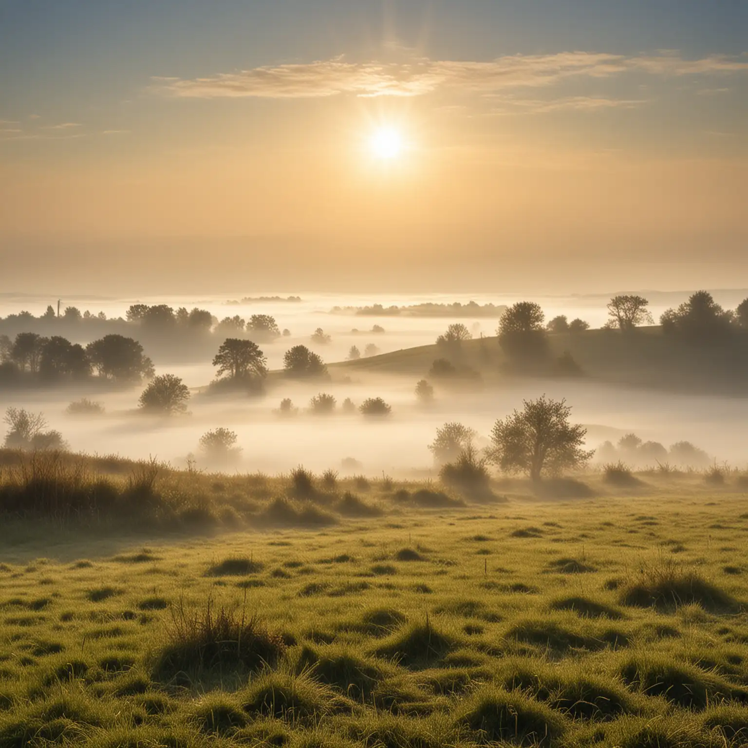 Sunny Landscape with Morning Mist